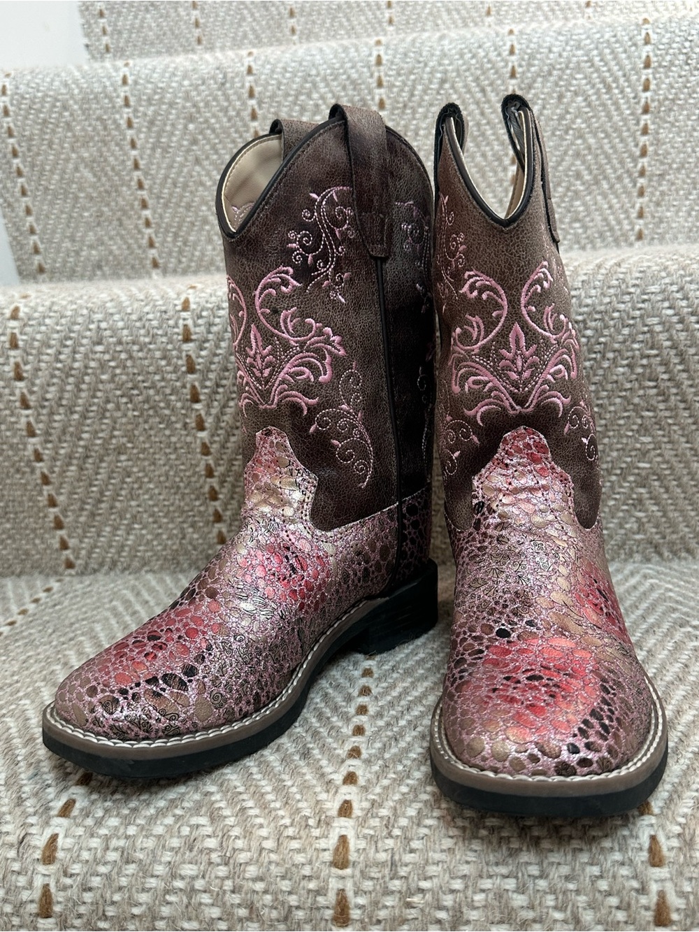Old West Girls Western Cowboy Boots - Size 13 - Pink & Brown Embroidered